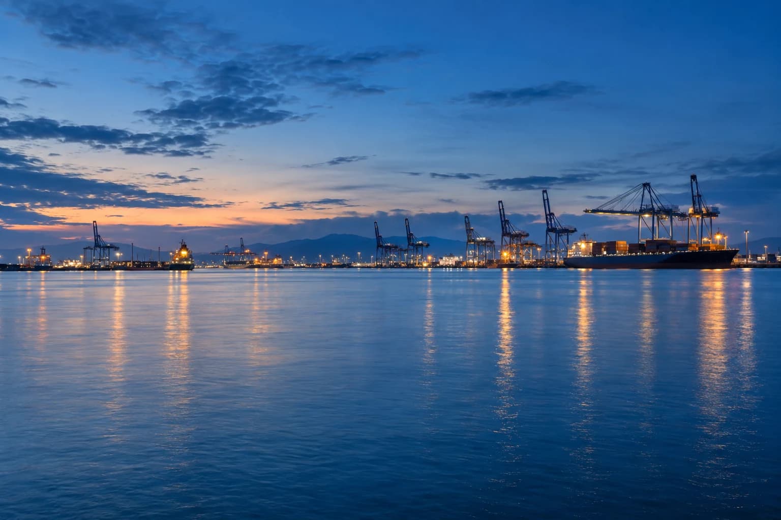 Harbour and shipping terminals at blue hour