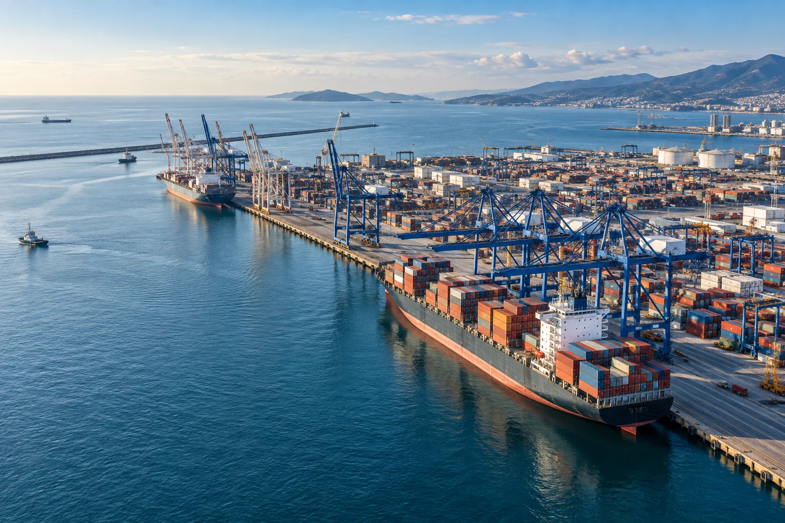 Illustrative view of an international container port
