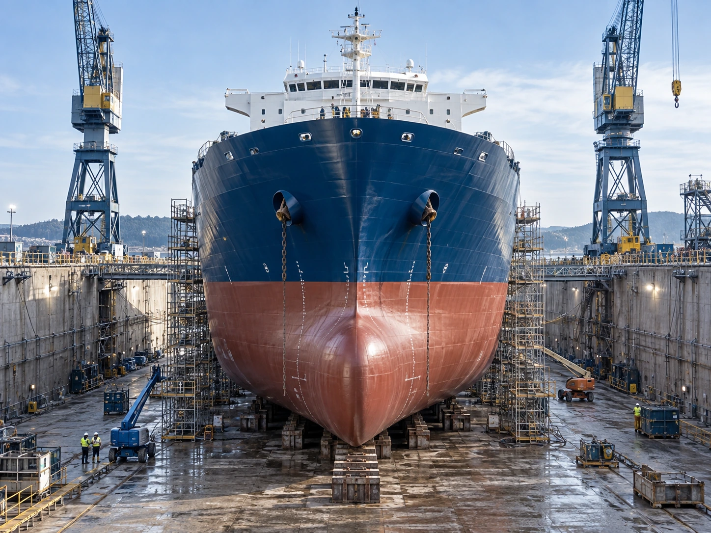 Ship undergoing maintenance in dry dock
