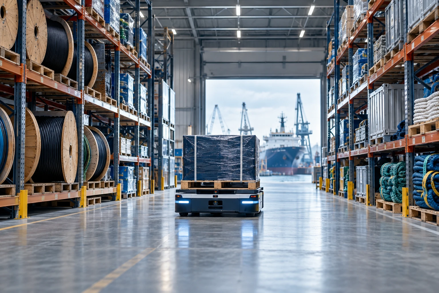 Marine logistics warehouse with automated pallet transport