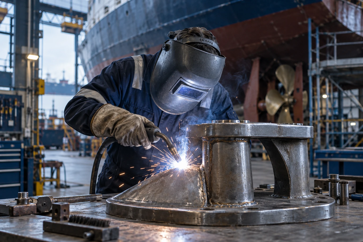 Marine maintenance technician welding a steel component