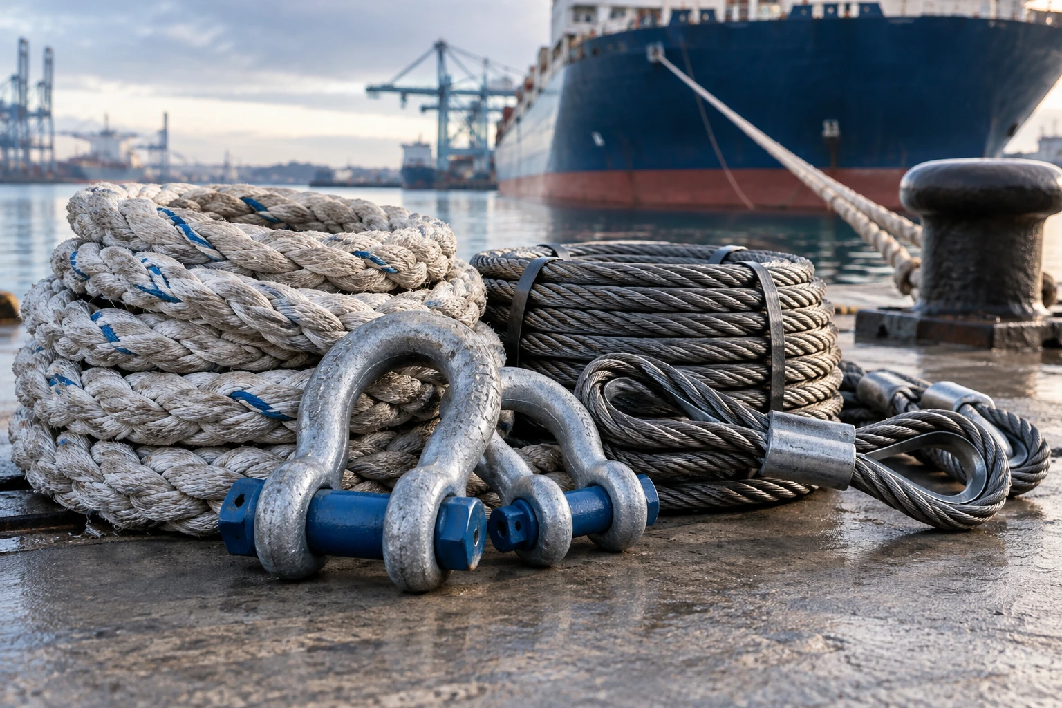 Marine mooring ropes, wire rope and lifting shackles