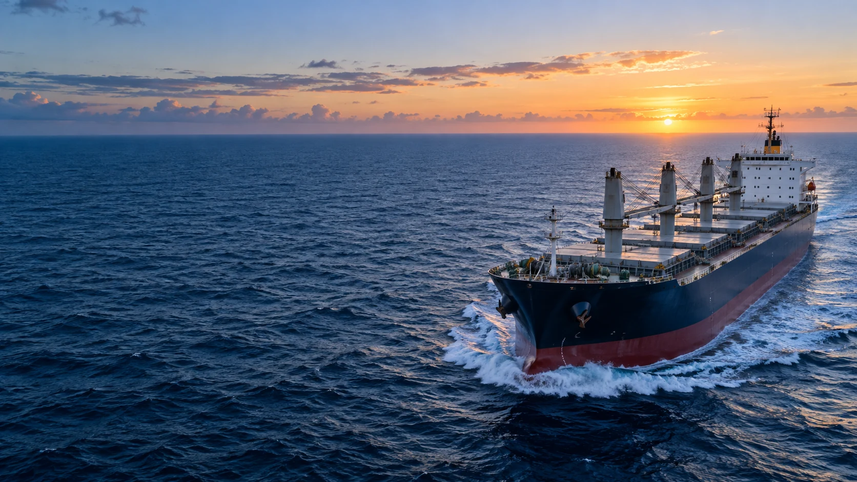 Cargo vessel sailing on the open sea at sunrise
