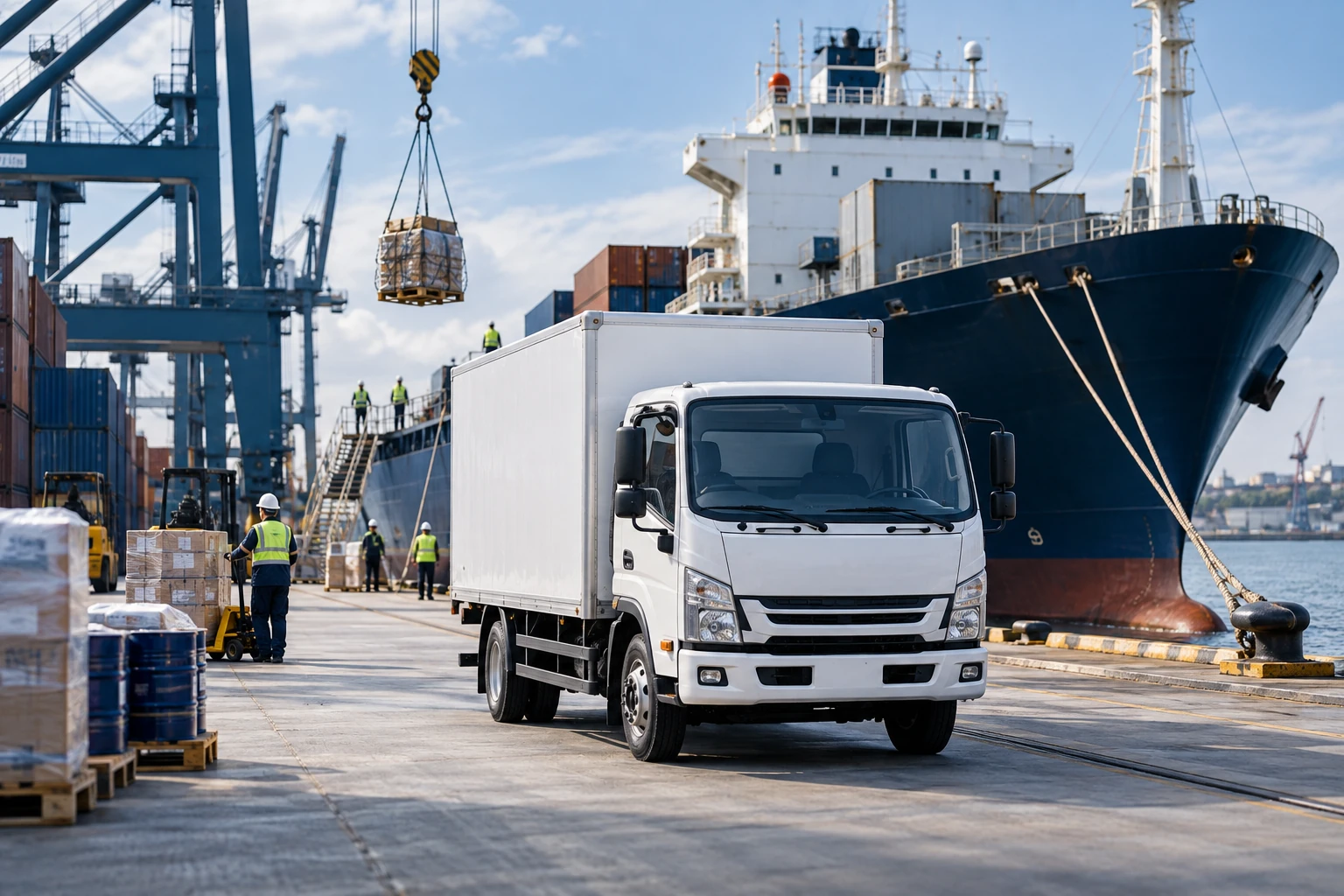 Marine supply truck beside a cargo vessel