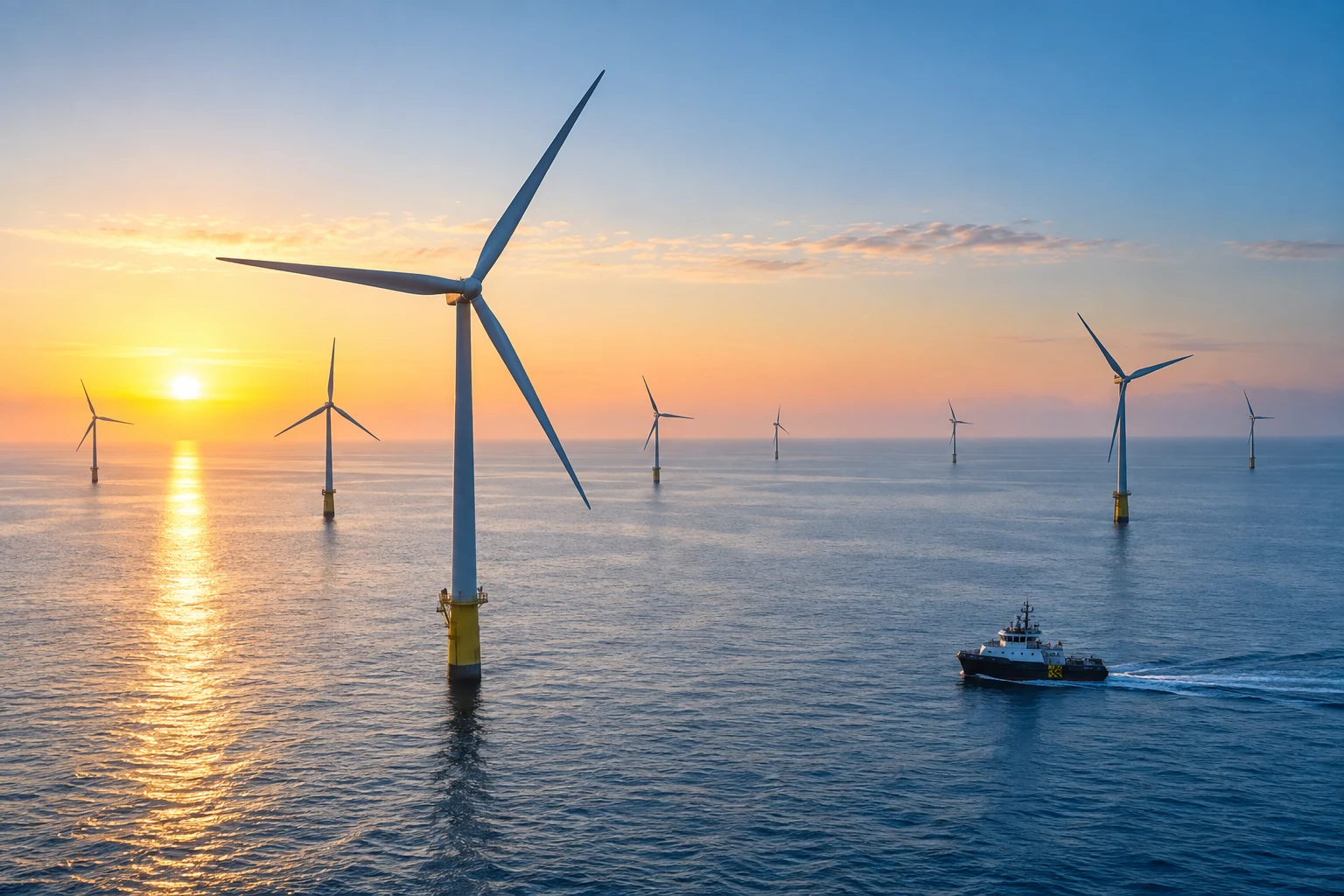 Offshore wind turbines and a service vessel at sunrise
